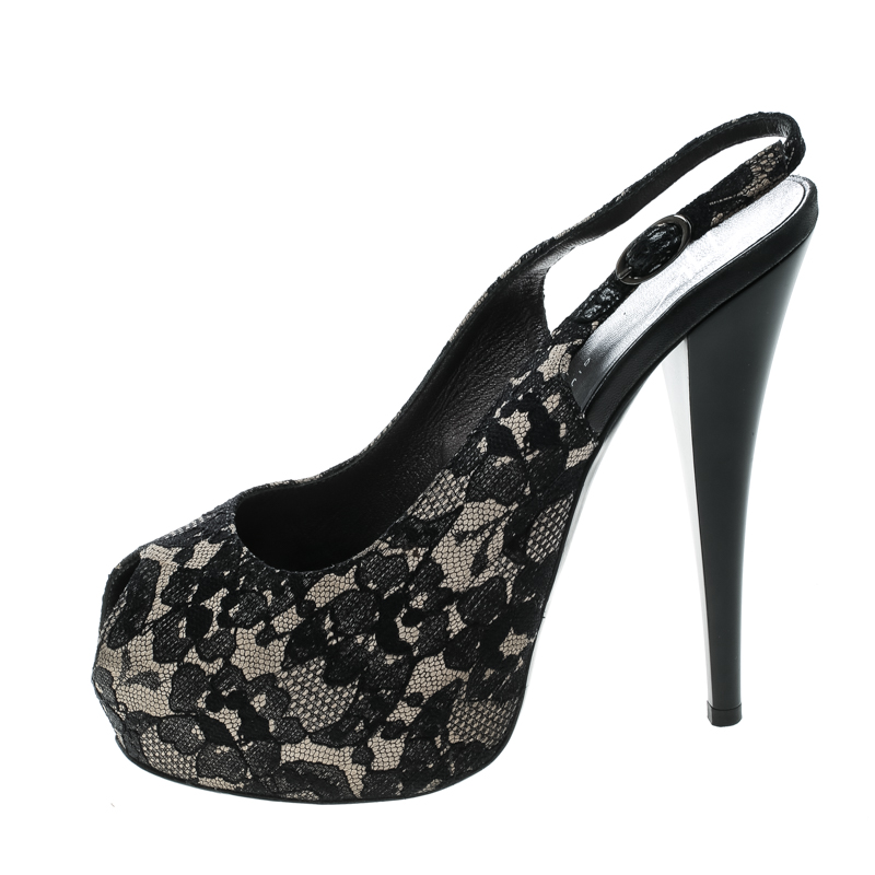 

Giuseppe Zanotti Black Lace Peep Toe Slingback Sandals Size