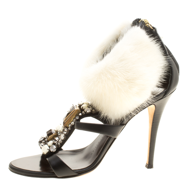 

Giuseppe Zanotti Black Crystal Embellished Leather with Fur Ankle Cuff Peep Toe Sandals Size