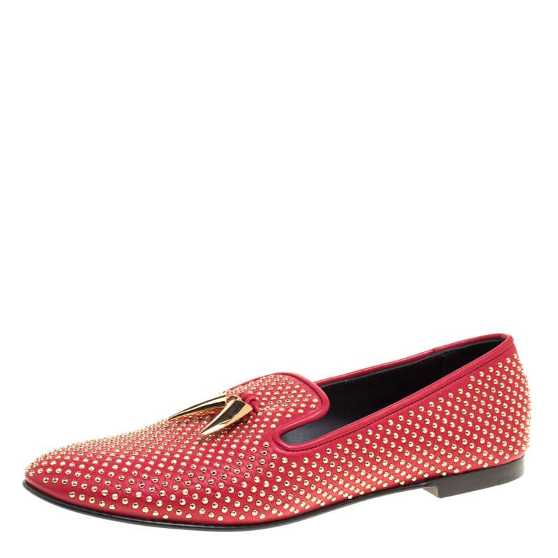 Giuseppe Zanotti Red Studded Leather Lucia Shark Tooth Smoking Slippers Size 41