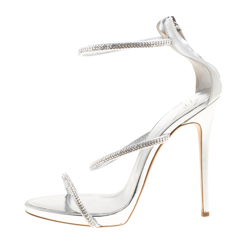 

Giuseppe Zanotti Metallic Silver Leather Crystal Embellished Harmony Ankle Strap Sandals Size