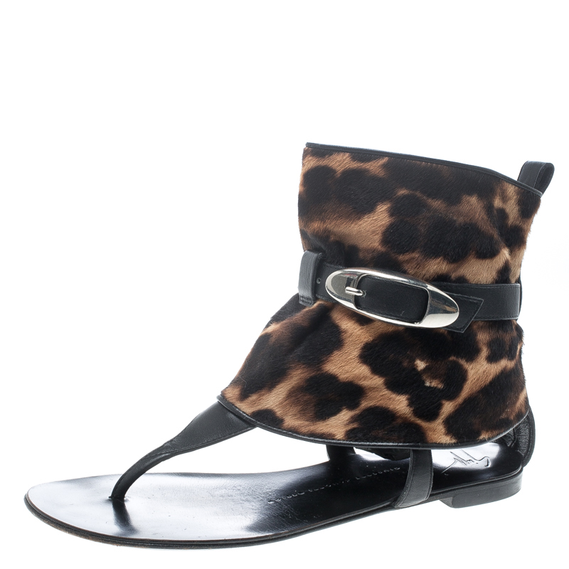Giuseppe Zanotti Black Leather and Leopard Print Hair On Buckle Detail Flat Sandals Size 37