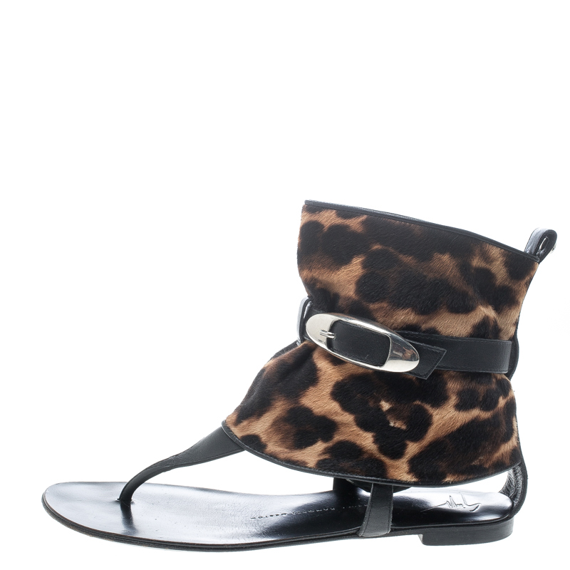 

Giuseppe Zanotti Black Leather and Leopard Print Hair On Buckle Detail Flat Sandals Size