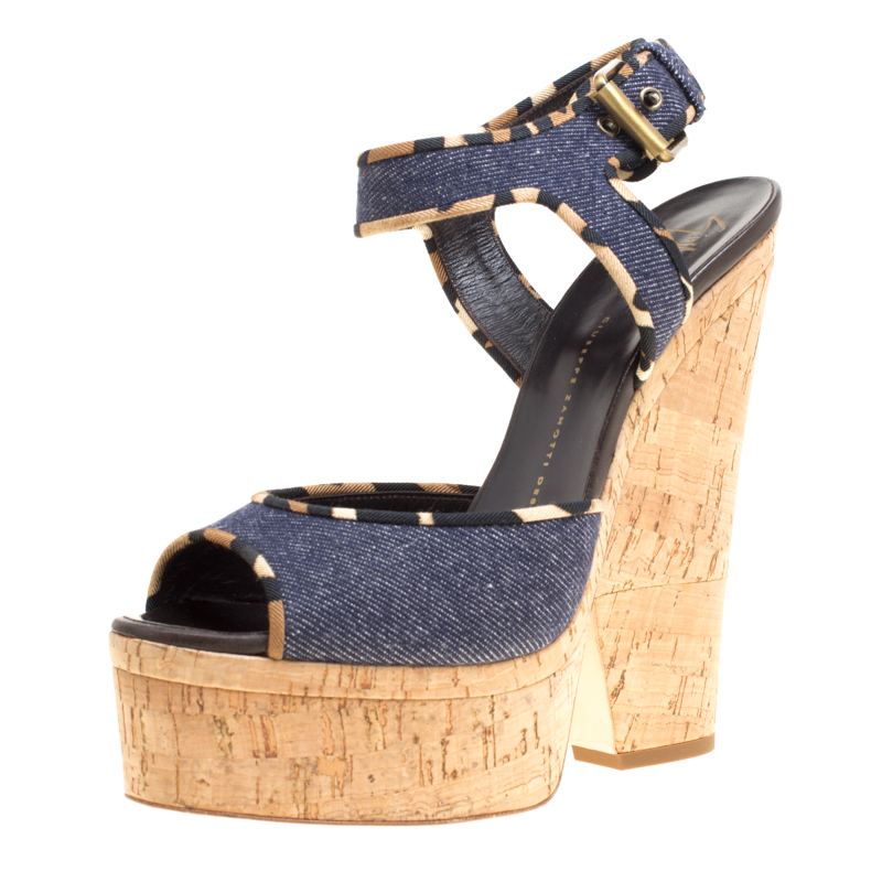 مملوكة مسبقًا Giuseppe Zanotti Dark Wash Denim Cork Heel Platform Wedge Sandals Size 40