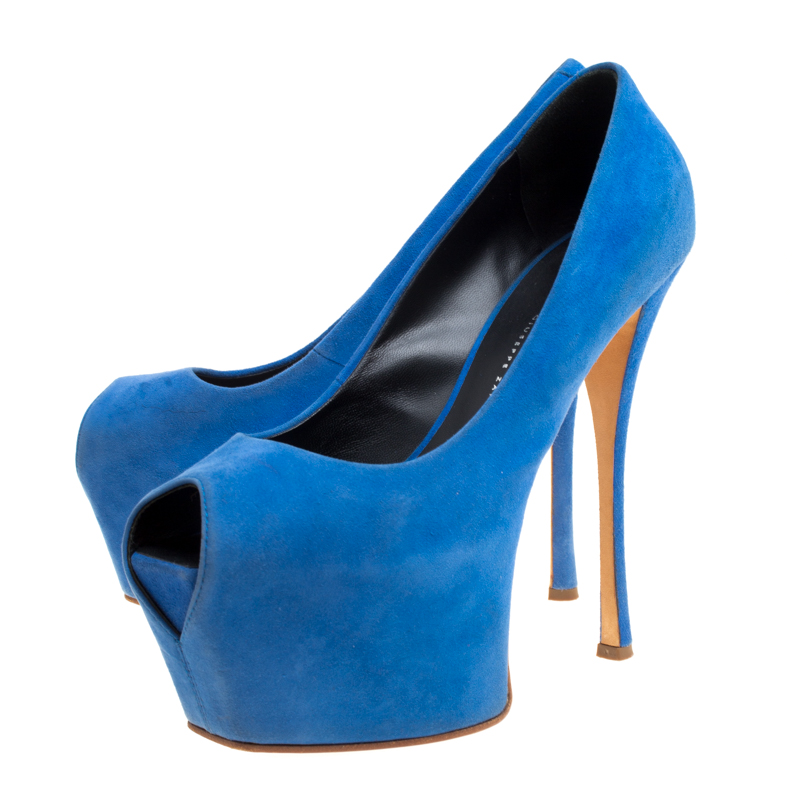 Pre Owned Giuseppe Zanotti Blue Suede Peep Toe Platform Pumps Size 39
