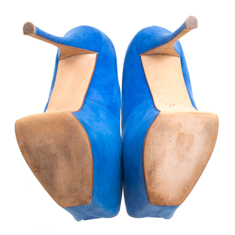 Pre Owned Giuseppe Zanotti Blue Suede Peep Toe Platform Pumps Size 39