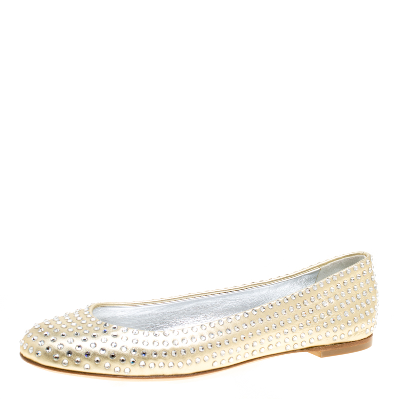 Pre Owned Giuseppe Zanotti Gold Leather Crystal Studded Ballet Flats Size 39