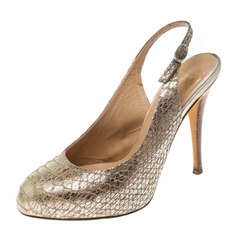Pre Owned Giuseppe Zanotti Metallic Gold Python Embossed Leather Slingback Platform Sandals Size 37