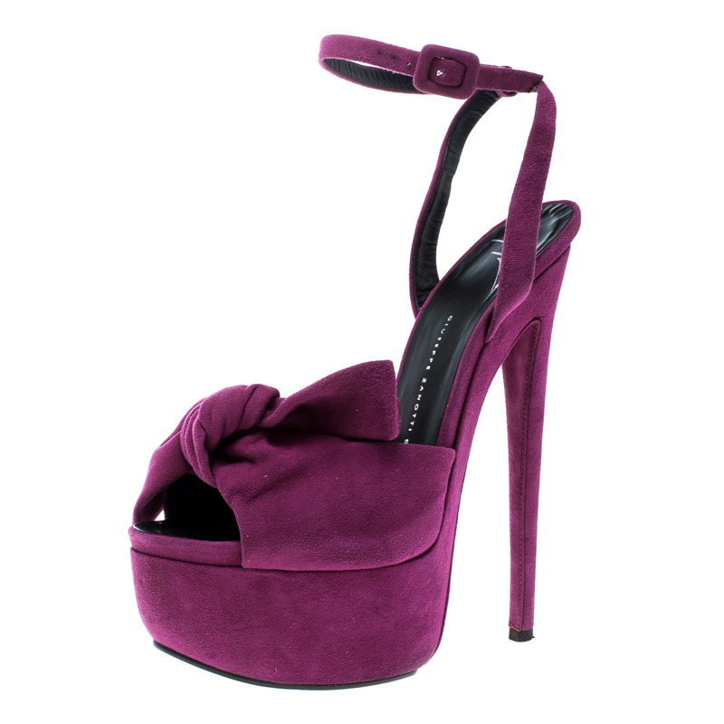 Pre Owned Giuseppe Zanotti Fuchsia Pink Suede Bow Ankle Strap Platform Sandals Size 39.5