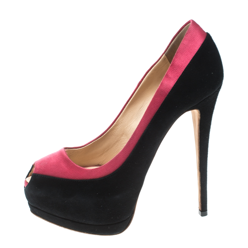 Pre-owned Giuseppe Zanotti Black/pink Suede And Satin Peep Toe Platform Pumps Size 38