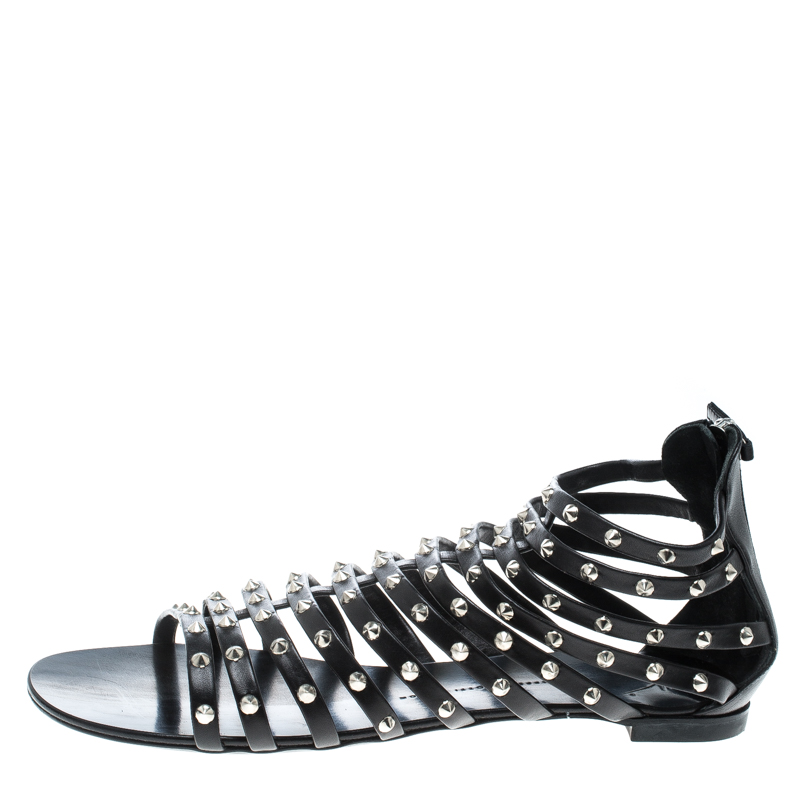 

Giuseppe Zanotti Black Spike Studded Strappy Gladiator Flat Sandals Size
