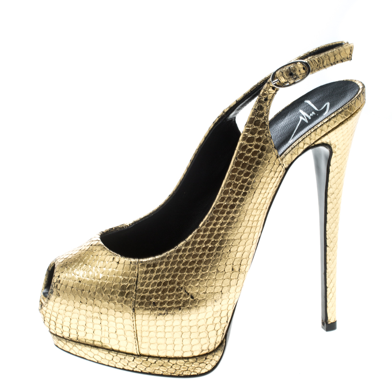 

Giuseppe Zanotti Metallic Gold Python Embossed Leather Peep Toe Platform Slingback Sandals Size