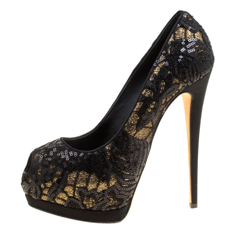 

Giuseppe Zanotti Black Lace Sequin Embellished Glitter Fabric Peep Toe Platform Pumps Size