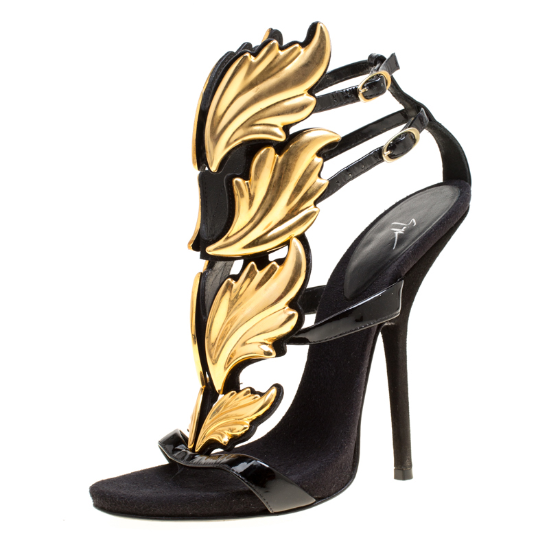 Details about   Metallic Wing Sandals Ankle Strap Black Zipped Gold Patent Leahter Women Shoes