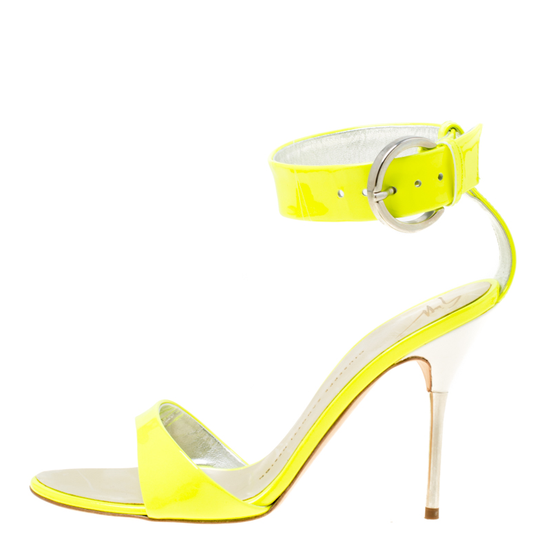 Pre-owned Giuseppe Zanotti Fluorescent Green Patent Leather Ankle Strap Open Toe Sandals Size 36