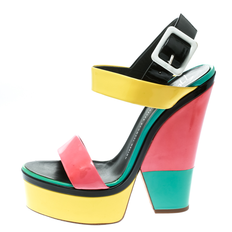 

Giuseppe Zanotti Multicolor Colorblock Patent Leather Platform Ankle Strap Sandals Size