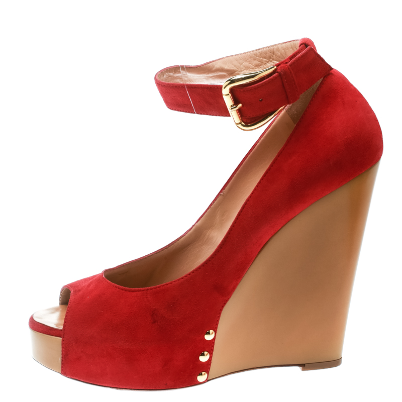 

Giuseppe Zanotti Red Suede Leather Peep Toe Wedge Pumps Size
