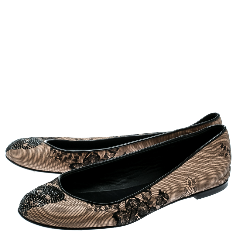 Pre-owned Giuseppe Zanotti Black Mesh And Crystal Embellished Ballet Flats Size 38 In Beige