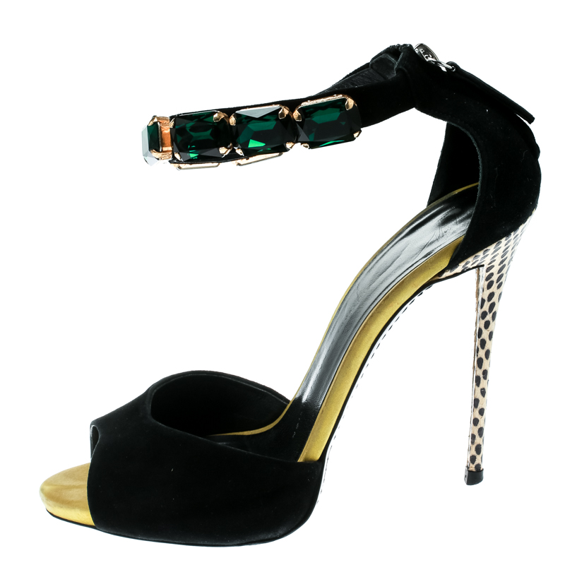 

Giuseppe Zanotti Black Suede and Emerald Stone Ankle Strap Sandals Size
