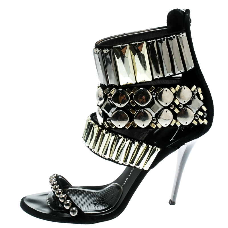 

Giuseppe Zanotti Black Embellished Suede Ankle Strap Open Toe Sandals Size