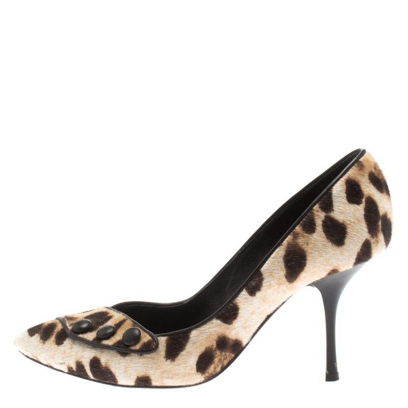 

Giuseppe Zanotti Beige Leopard Print Pony Hair Button Detail Pumps Size