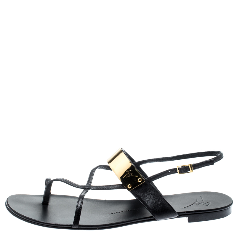 

Giuseppe Zanotti Black Leather Cross Strap Flat Sandals Size