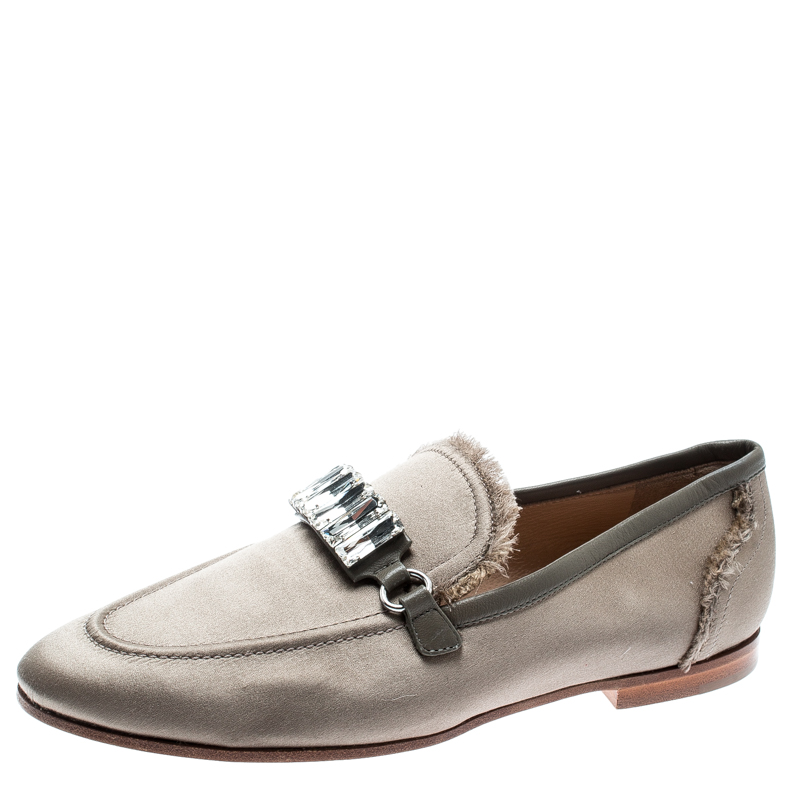 Pre Owned Giuseppe Zanotti Beige Satin Letizia Crystal Embellished Loafers Size 36