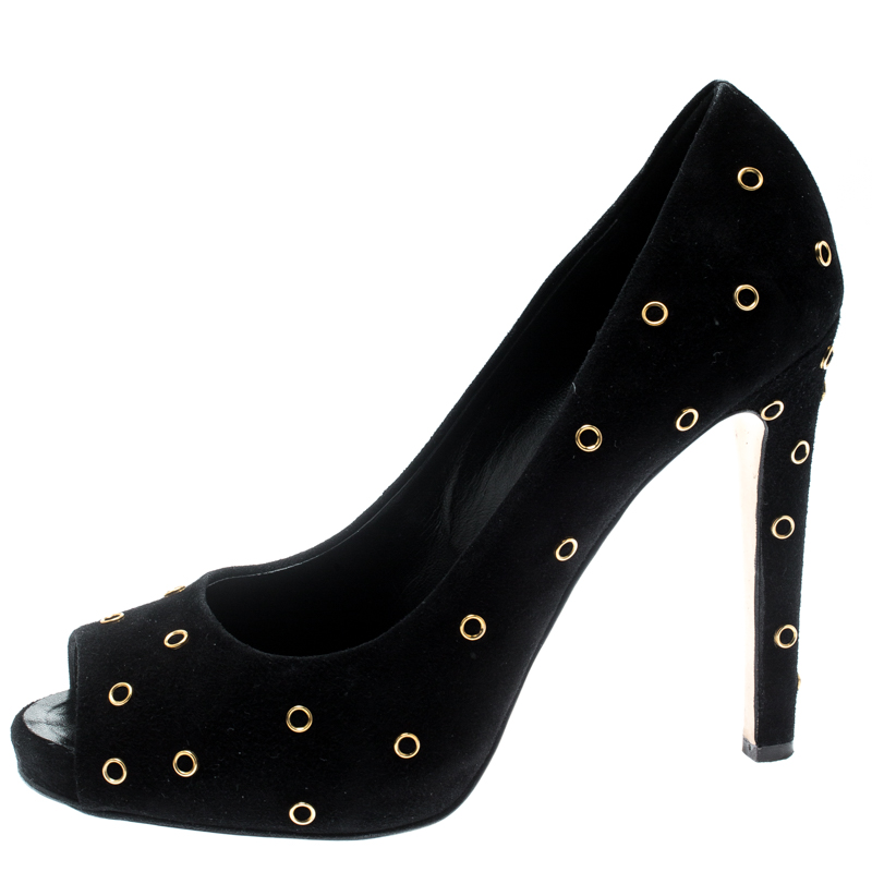 

Giuseppe Zanotti Black Suede Eyelet Detail Peep Toe Pumps Size