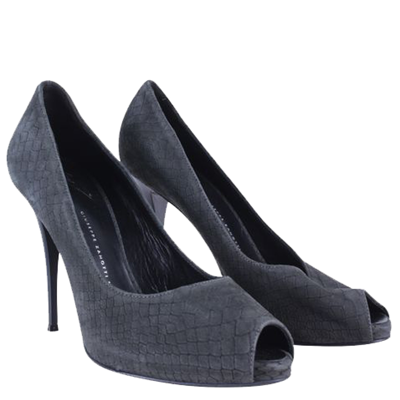 

Giuseppe Zanotti Croc Embossed Suede Open Toe Pumps Size, Grey