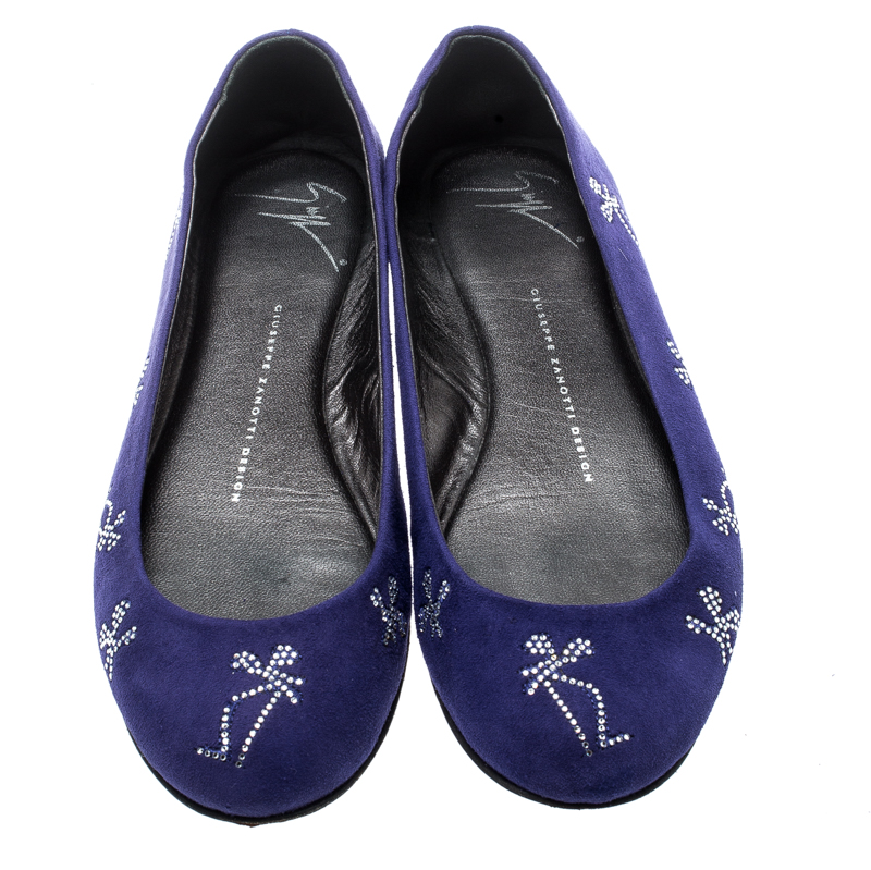 Pre-owned Giuseppe Zanotti Blue Suede Crystal Embellished Ballet Flats Size 36