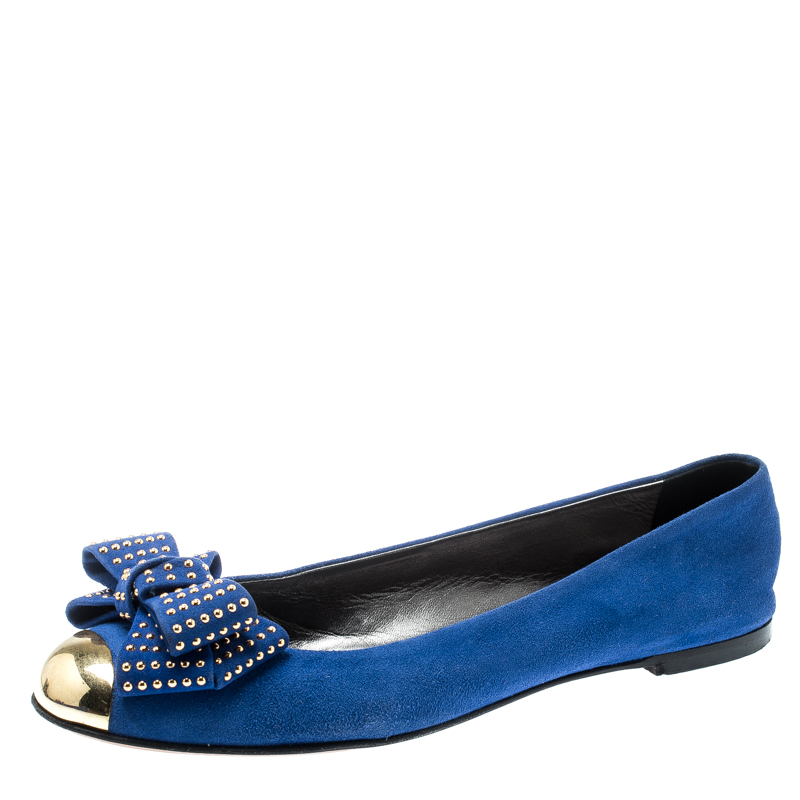 Giuseppe Zanotti Blue Suede And Gold Cap Toe Studded Bow Ballet Flats Size 38.5