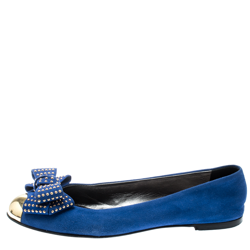 

Giuseppe Zanotti Blue Suede And Gold Cap Toe Studded Bow Ballet Flats Size