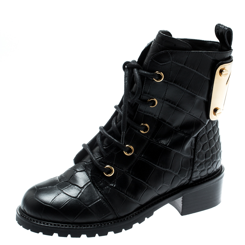 مملوكة مسبقًا Giuseppe Zanotti Black Croc Embossed Leather Ankle Boots Size 36