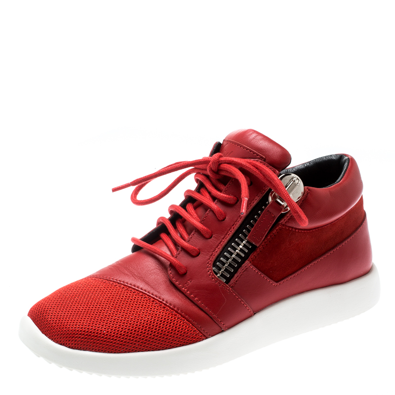 Pre Owned Giuseppe Zanotti Red Leather And Mesh Megatron Lace Up Sneakers Size 36