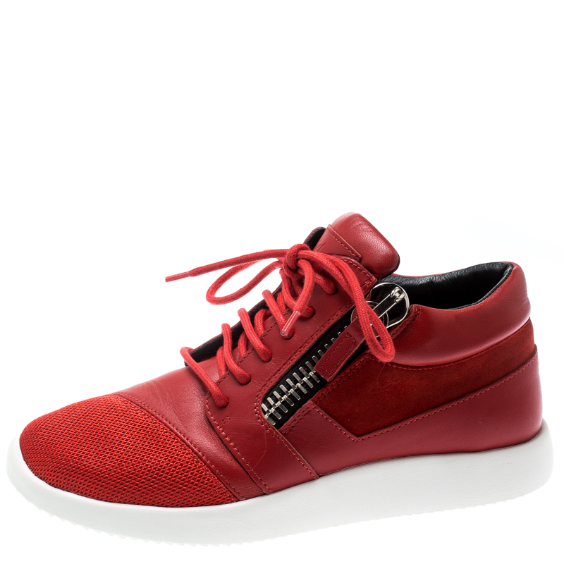 

Giuseppe Zanotti Red Leather And Mesh Megatron Lace Up Sneakers Size