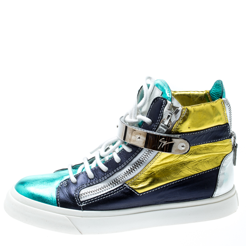 

Giuseppe Zanotti Multicolor Metallic Leather High Top Sneakers Size