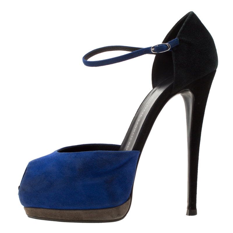 Pre-owned Giuseppe Zanotti Blue/black Suede Peep Toe Ankle Strap Platform Sandals Size 39