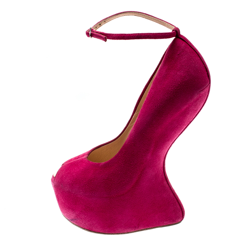 

Giuseppe Zanotti Fushia Pink Suede Heelless Peep Toe Ankle Strap Platform Pumps Size