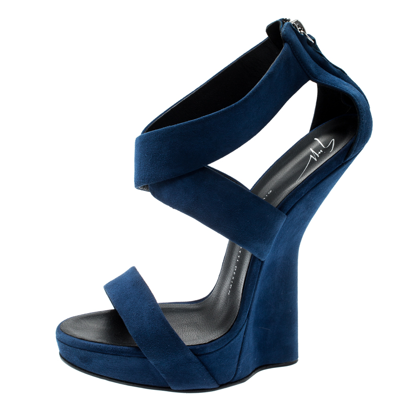 

Giuseppe Zanotti Electric Blue Suede Cross Strap Heelless Platform Sandals Size