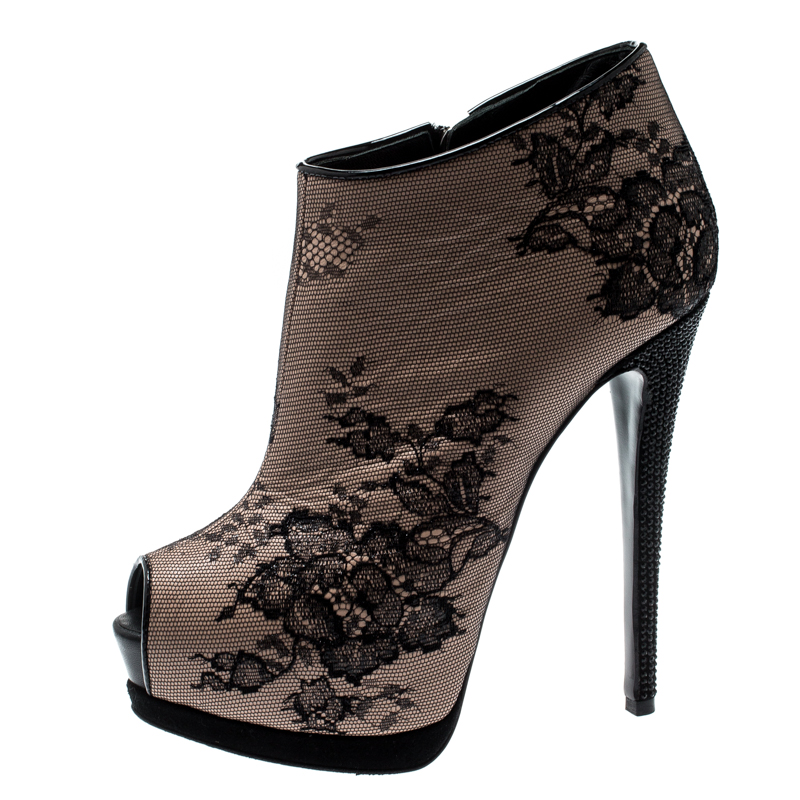 

Giuseppe Zanotti Black/Beige Floral Lace And Leather Crystal Embellished Heel Peep Toe Platform Booties Size