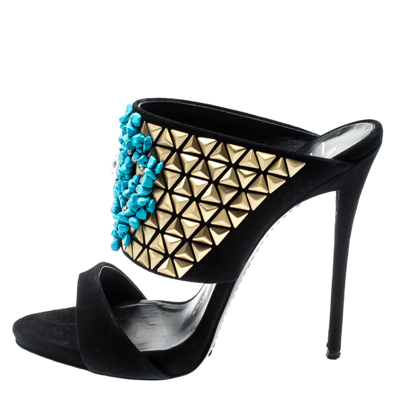 

Giuseppe Zanotti Black Crystal Embellished Suede Coline Open Toe Sandals Size