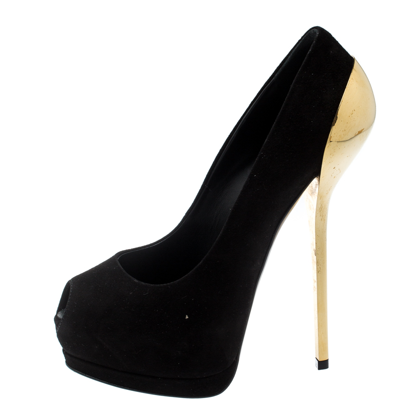 

Giuseppe Zanotti Black Suede Sharon Peep Toe Platform Pumps Size