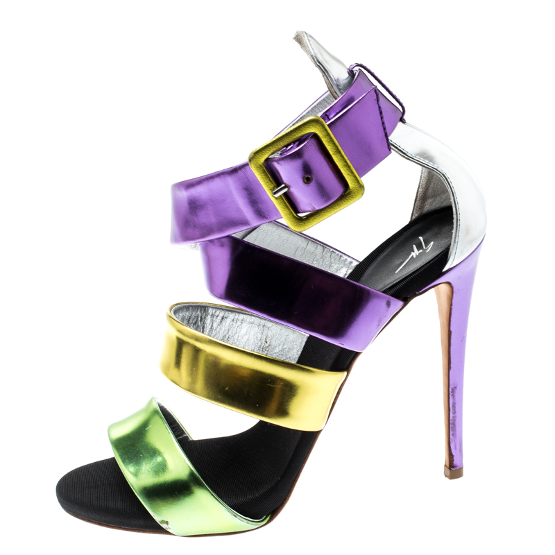 

Giuseppe Zanotti Multicolor Mirror Leather Cross Strap Sandals Size