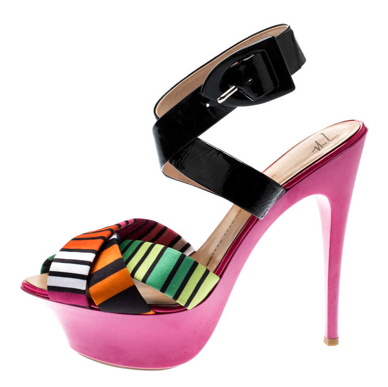 Pre-owned Giuseppe Zanotti Multicolor Satin And Patent Leather Cross Strap Platform Sandals Size 39