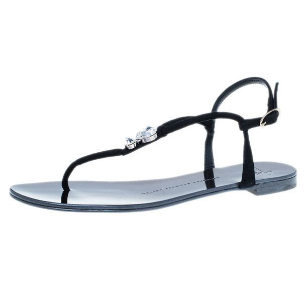 Pre Owned Giuseppe Zanotti Black Suede Jeweled Thong Flat Sandals Size 37