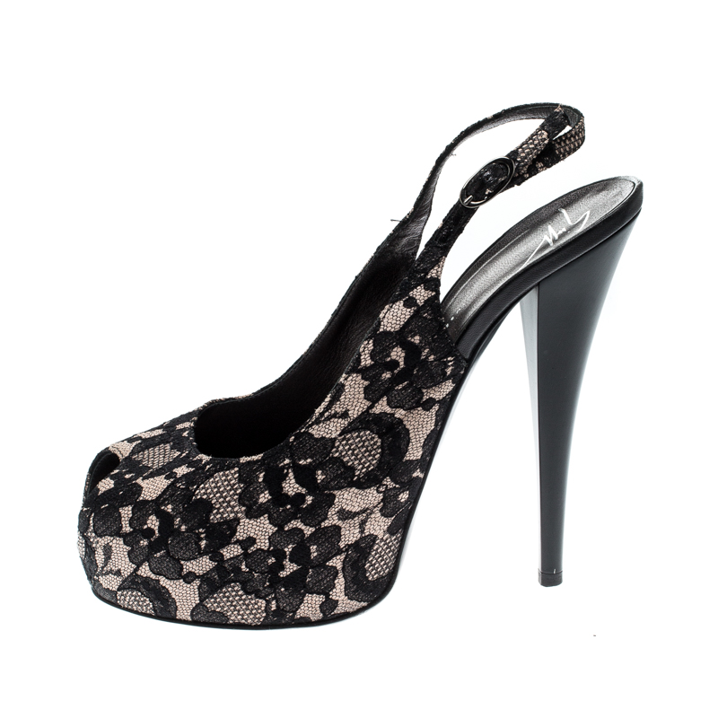 

Giuseppe Zanotti Black Lace And Leather Peep Toe Platform Pumps Size