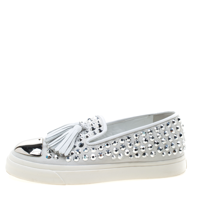 

Giuseppe Zanotti Light Grey Crystal Studded Suede Tassel Detail Slip On Sneakers Size