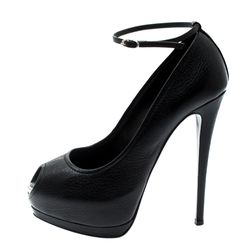 

Giuseppe Zanotti Black Leather Peep Toe Ankle Strap Platform Pumps Size