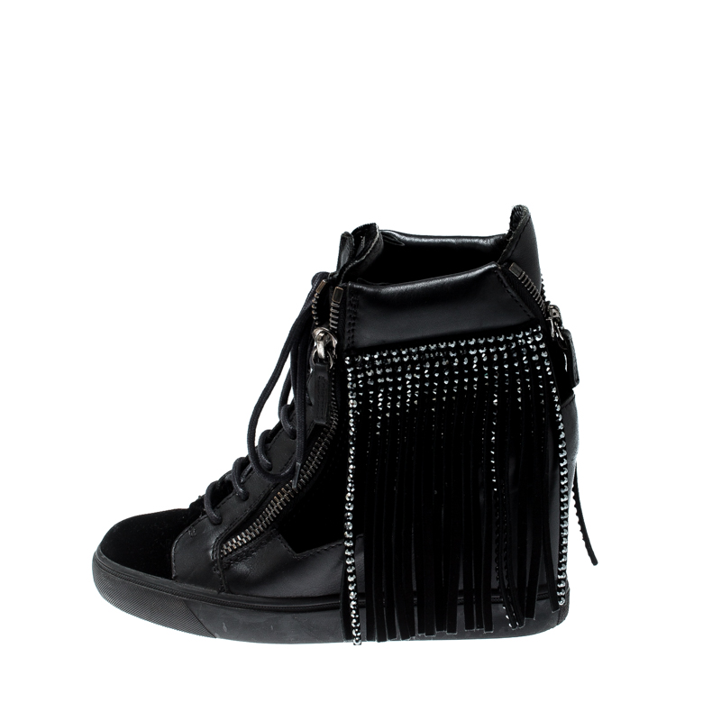 

Giuseppe Zanotti Black Leather and Velvet Lorenze Embellished Fringe Wedge Sneakers Size