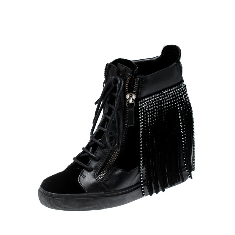 Pre Owned Giuseppe Zanotti Black Leather and Velvet Lorenze Embellished Fringe Wedge Sneakers Size 40.5
