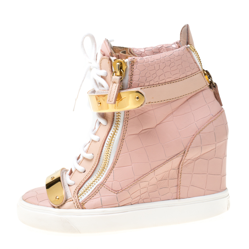 

Giuseppe Zanotti Rose Pink Croc Embossed Leather Lorenz Wedge High Top Sneakers Size